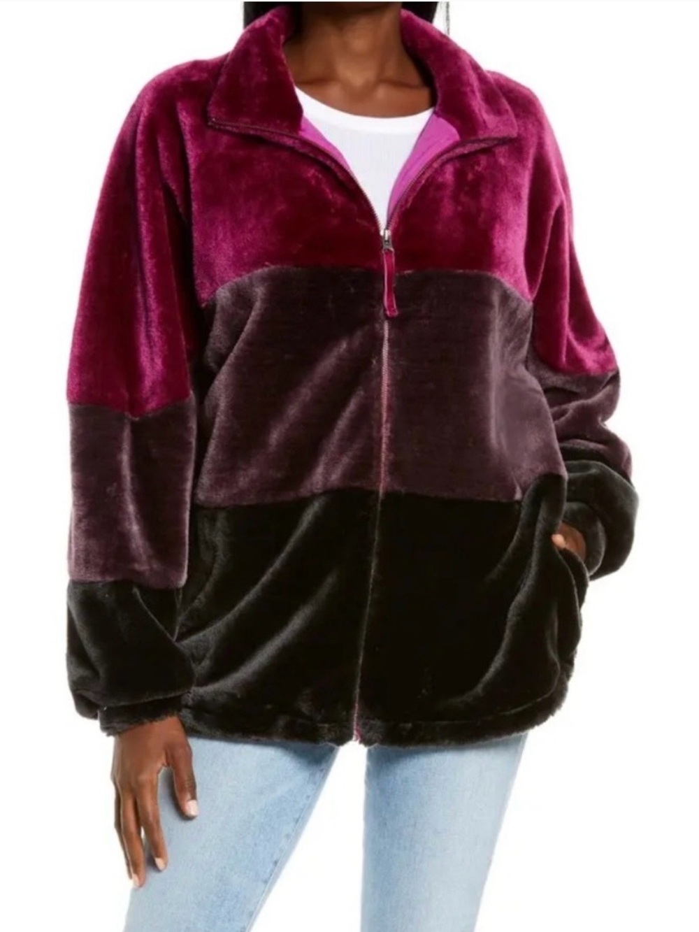 UGG Elaina Faux Fur Colorblock Plush Zip-Up Jacket Womens Medium